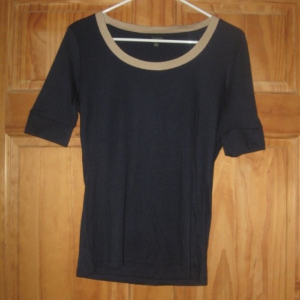 Talbots Navy Blue with Tan Trim Scoop Neck Top